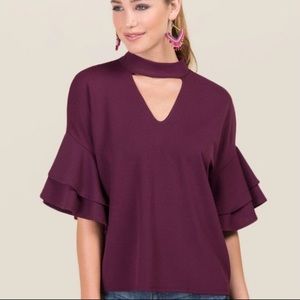 Francesca’s Blue Rain Short Flounce Sleeve Choker Blouse